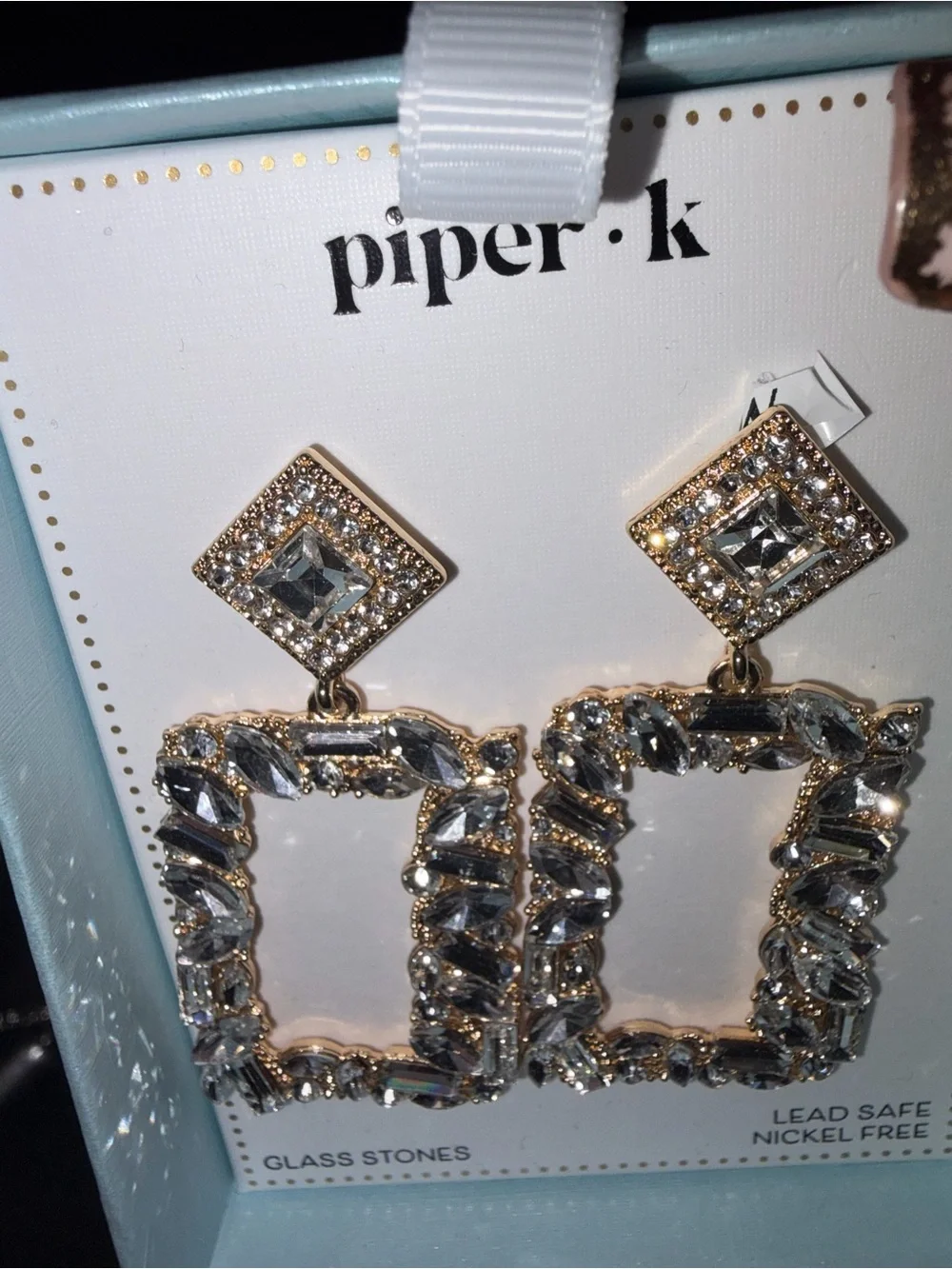 Piper K Square Crystal Drop Oversized Earrings NWT Gold Tone